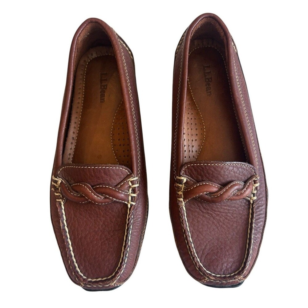 L.L.Bean Womens Size 7 Brown Leather Moccasin Loafers Braided Strap NWOB